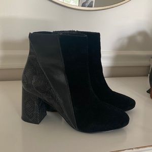 Multi patterned heeled booties